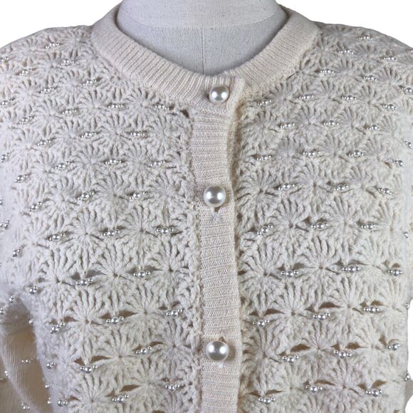 Marisa Christina Vintage Sweater Ivory Pearl Stud Lambs Wool Cardigan - Picture 10 of 12